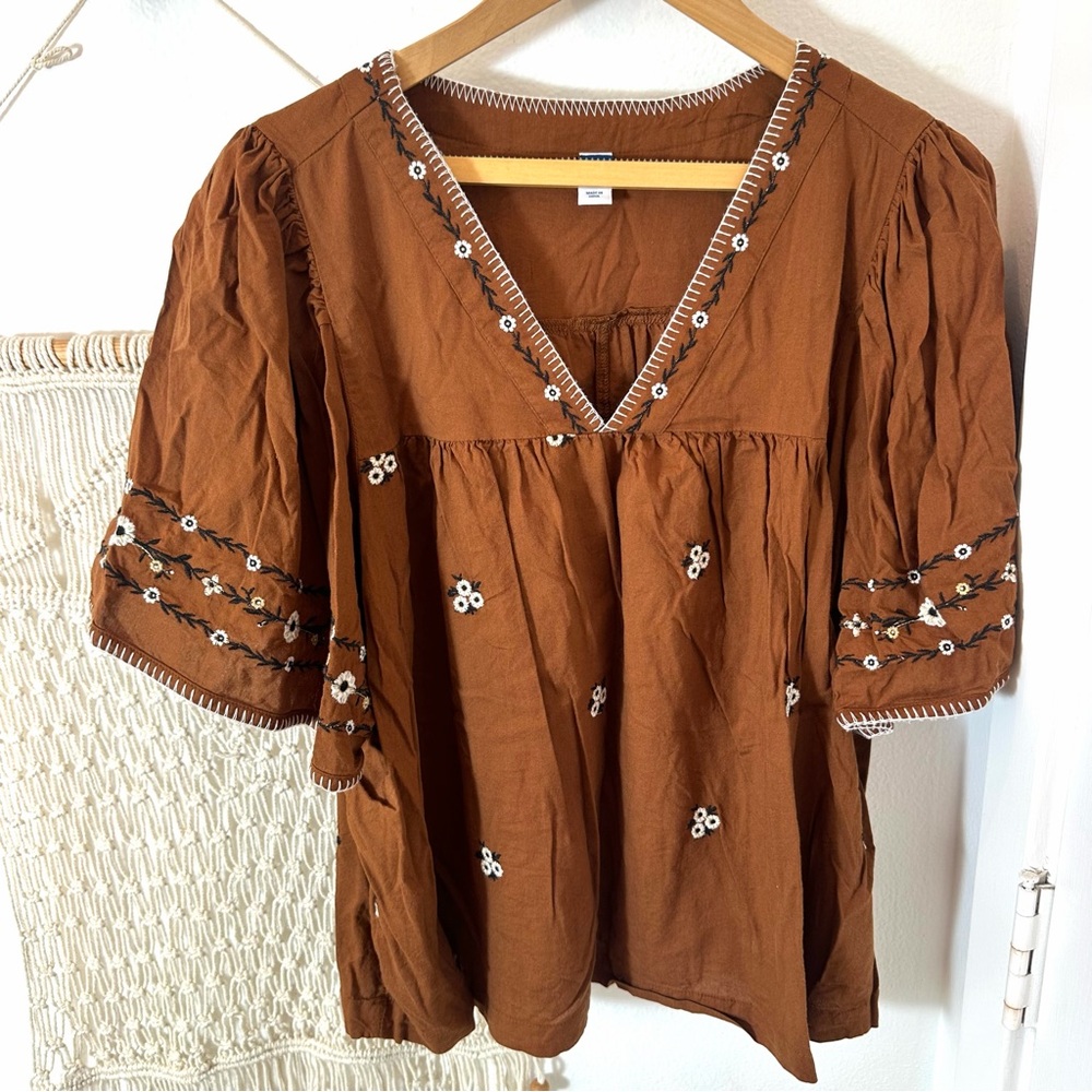Boho Gypsy Embroidered V-Neck Peasant Top Bohemian Floral Brown Black White XL - Picture 3 of 3